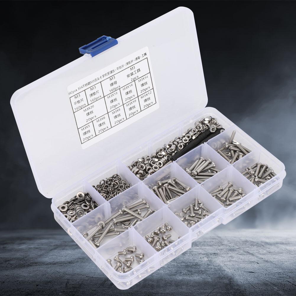 662PCS DIY Combination Set M3 Pan Head Cross Machine Screw+Flat Elastic Washer+Nut