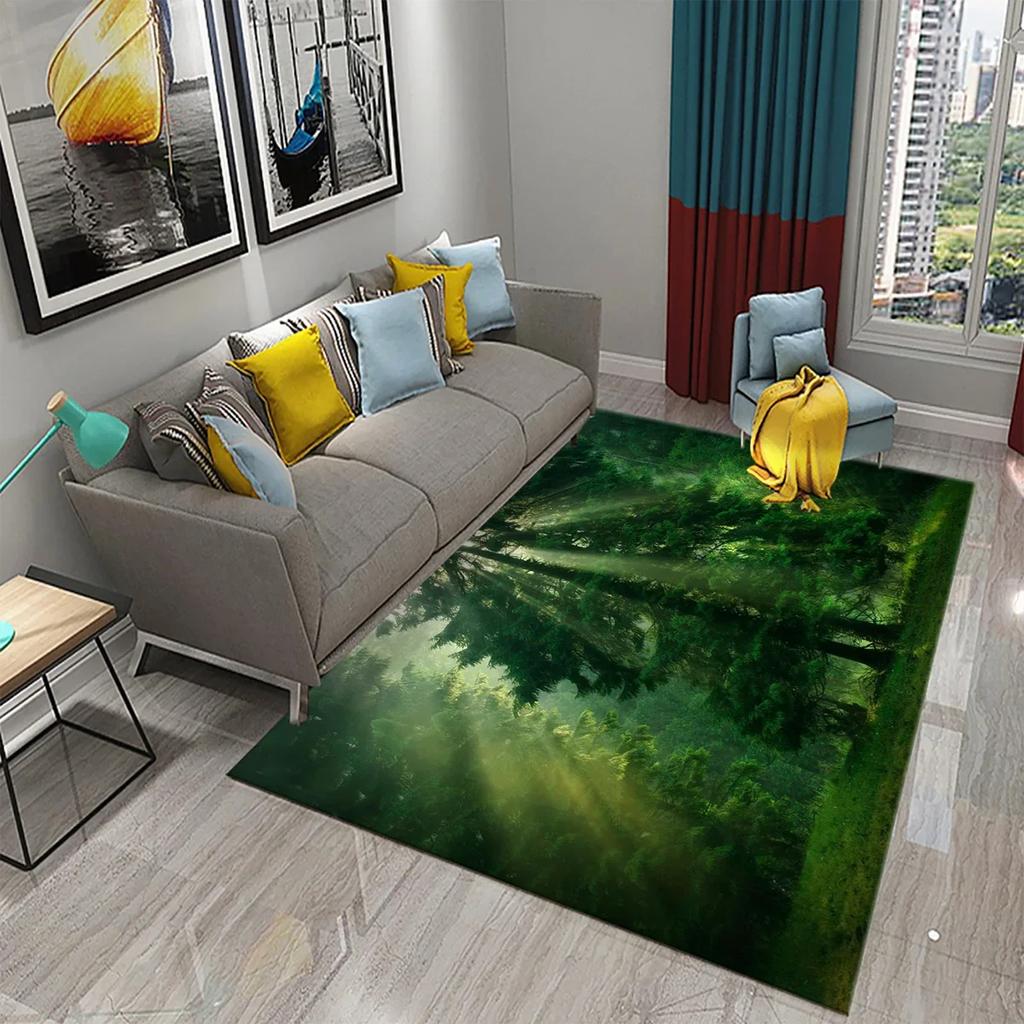 Forest Carpet Natural Landscape Rug Green Grass Rectangle Area Rugs for Adults Yoga Mats Bedroom Living Room Decor Soft Door Mat