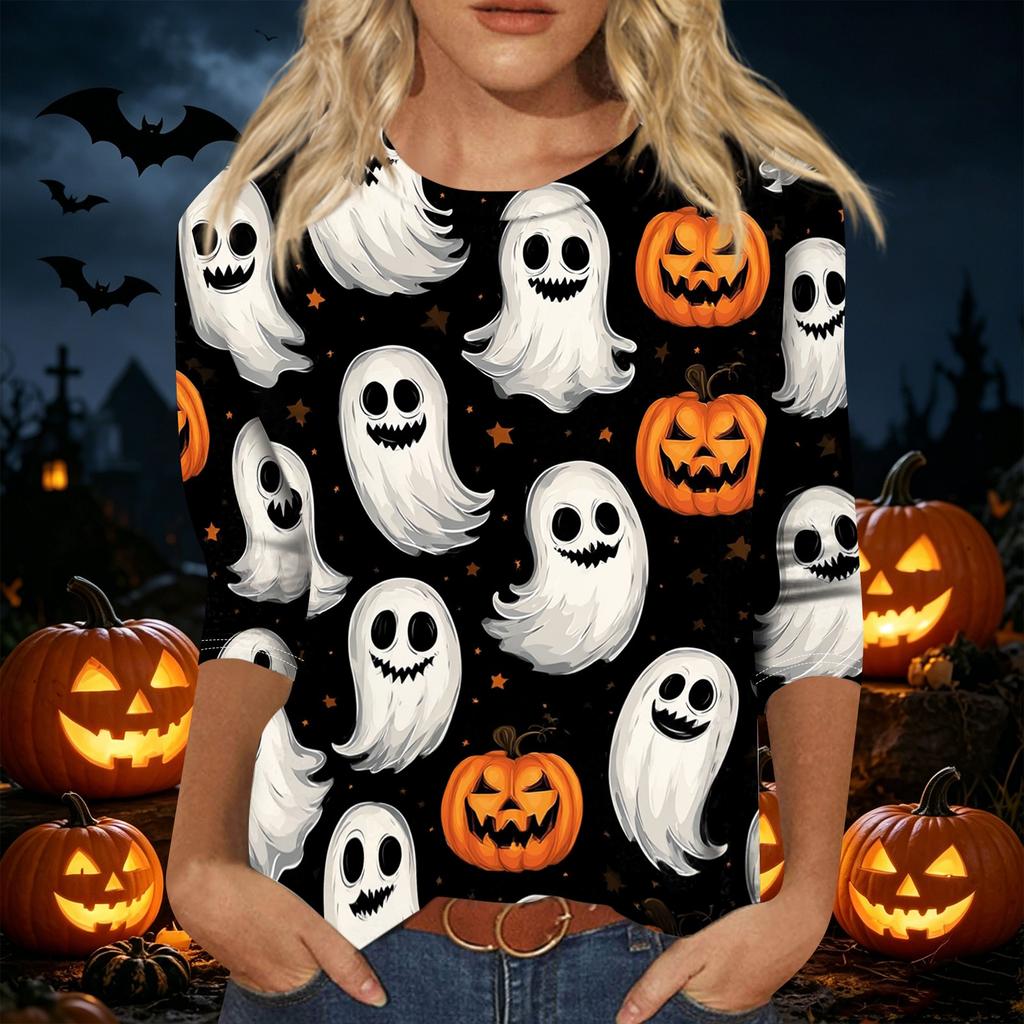 Women's Casual 3/4 Sleeve Halloween Print Pullover Top Round Neck Lightweight Loose Fit Shirt for Fall and Everyday Wear
