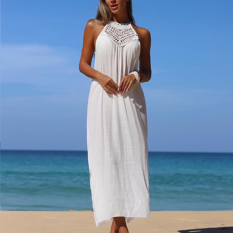 Damen Urlaubs Strandkleid, Handgehäkeltes gespleißtes Neckholder-Kleid, Sexy seitlicher Schlitz Sonnenschutz Langes Hemdkleid