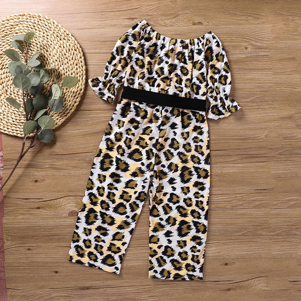 Child Kids Girls Print Off Shoulder Long Sleeve Leopard Print Romper Jumpsuit