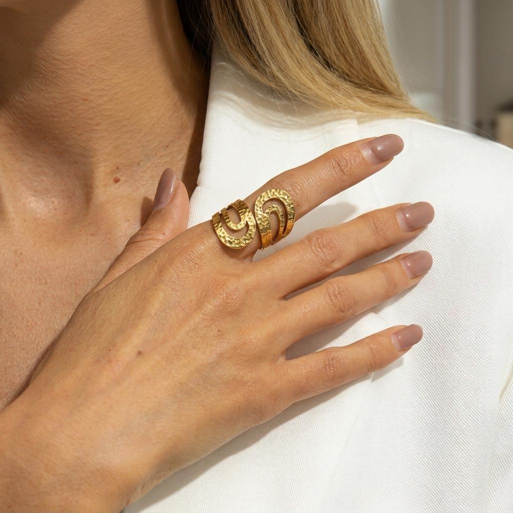 Gold Plated Stainless Steel Geometric Symmetry Line Open Ring for Women Men Line Texture Ring Charms Waterproof Jewelry Gift
