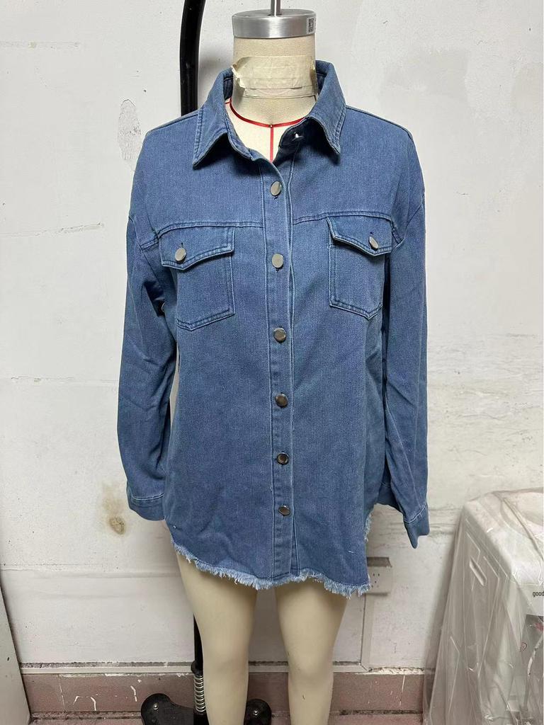 Women's Cross-Border Washed Denim Shirt Jacket - European & American Autumn/Winter Street Style with Frayed Hem