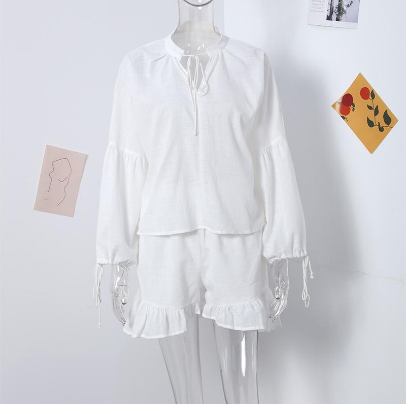 Damen-Shorts-Set aus Baumwolle und Leinen, einfarbig, lockerer V-Ausschnitt, Laternenärmel, Schnürhemd, Shorts mit elastischer Taille, Harajuku, täglicher zweiteiliger Sommer