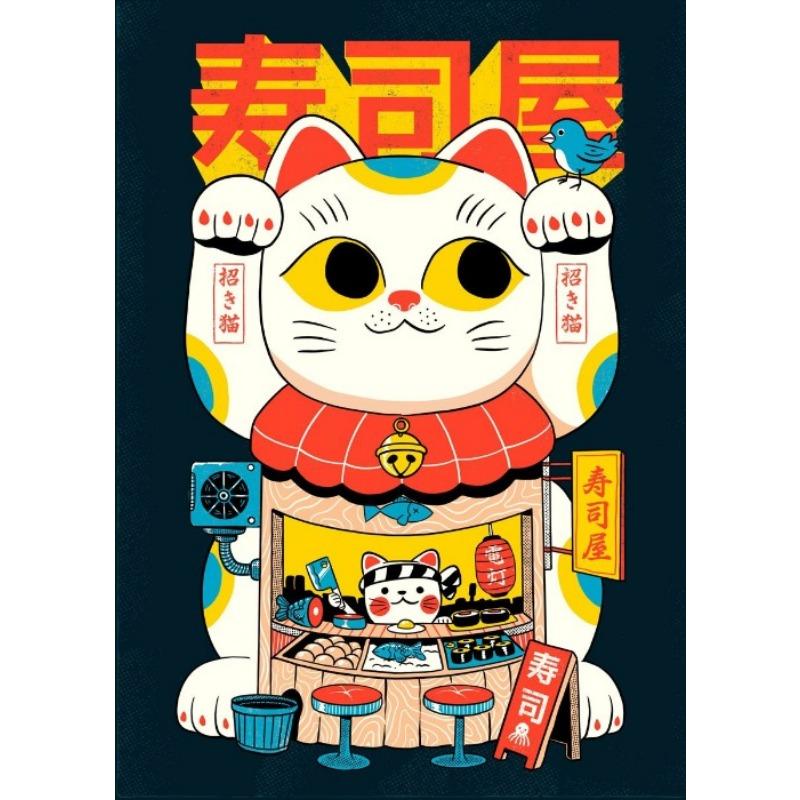 Lucky Cats Cartoon Poster Canvas Prints Lucky Sushi Bar Wall Art Decor Cute Cartoon Cat Prints Decor for Shop Maneki Neko Decor