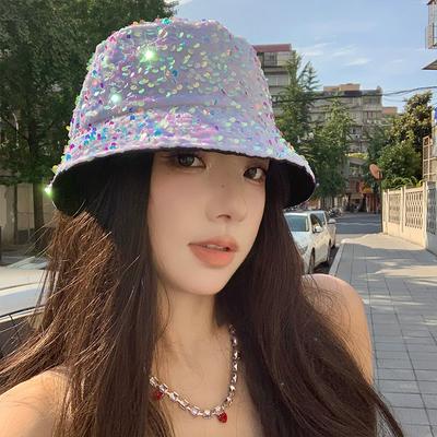 Korean-style Internet Celebrity Versatile Mermaid Sequin Bucket Hat for Women, Simple and Face-slimming Bucket Hat