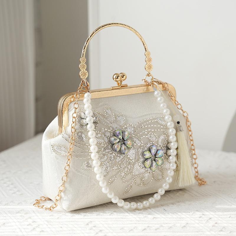 Pearl Embroidery Fashion Tote Bag Cheongsam Banquet Clutch Bag Chain Bag Embroidery Bead Bag Shoulder Bag Pearl Chain Bag