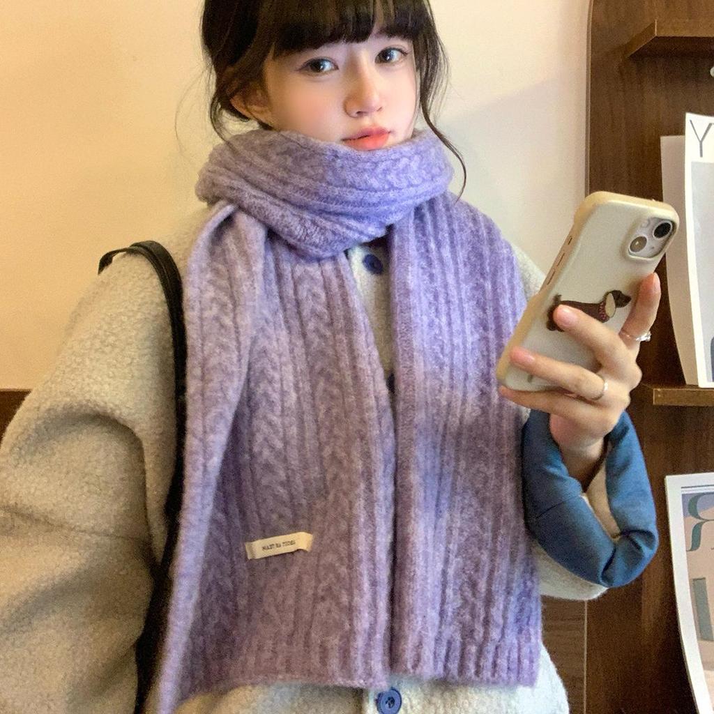 Solid Color Korean Style Cable Knit Scarf for Women - Warm Wool Neck Warmer for Autumn and Winter