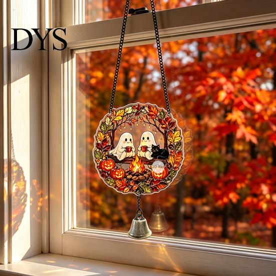 Festive Door Hangers Halloween Acrylic Pumpkin Hanging Decoration, Cartoon Ghost Ornament with Decorative Pendant Bell, Suncatcher Decor for