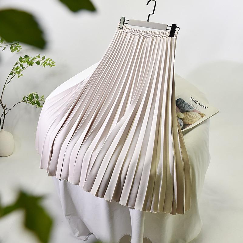 Qooth Spring Pleated Elegant Casual Skirt White Green Mid-length Skirts Women High-waisted Solid A-line Skirt