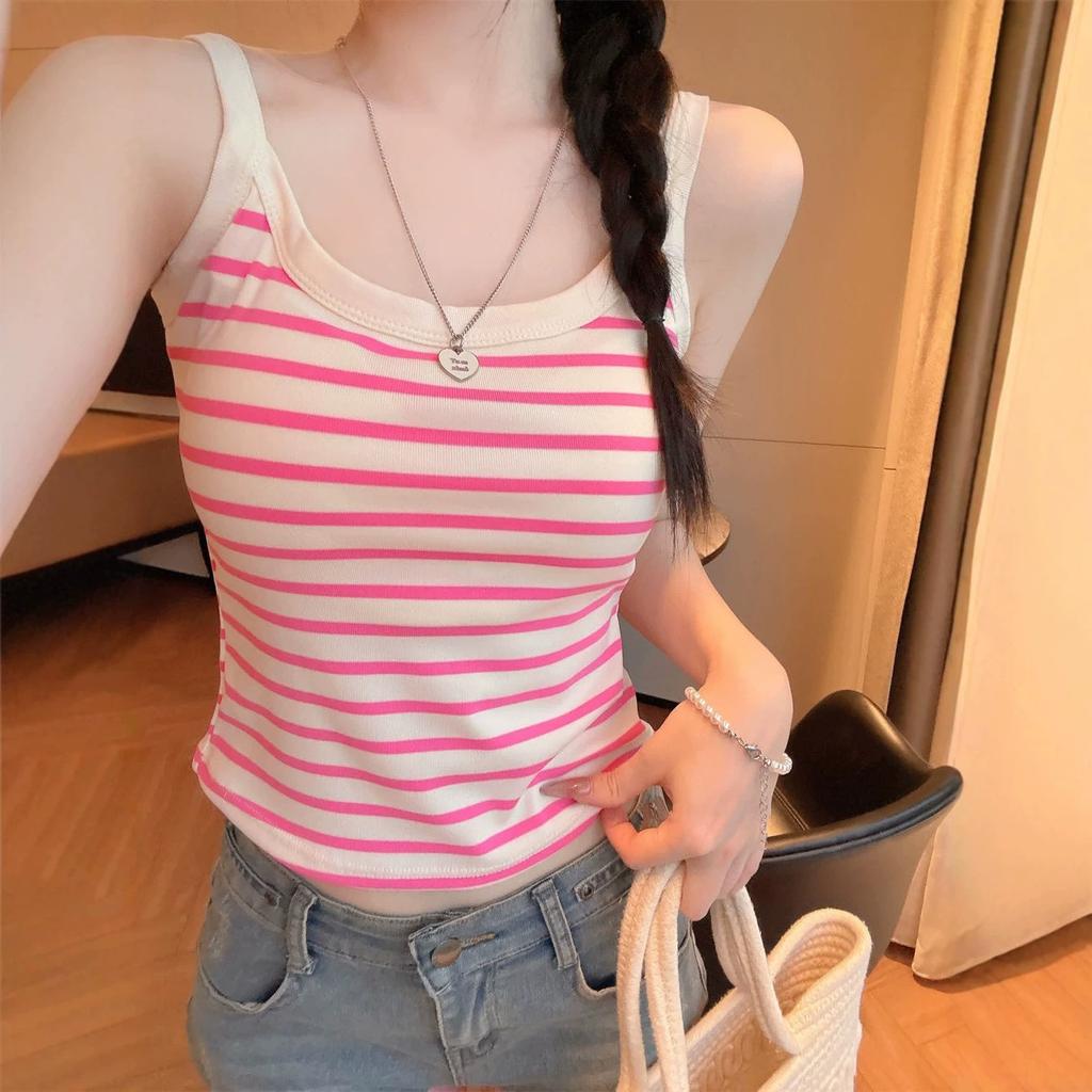 With chest pad, Spice Girl style contrasting color striped u-neck suspender vest women's summer slim back sleeveless casual top