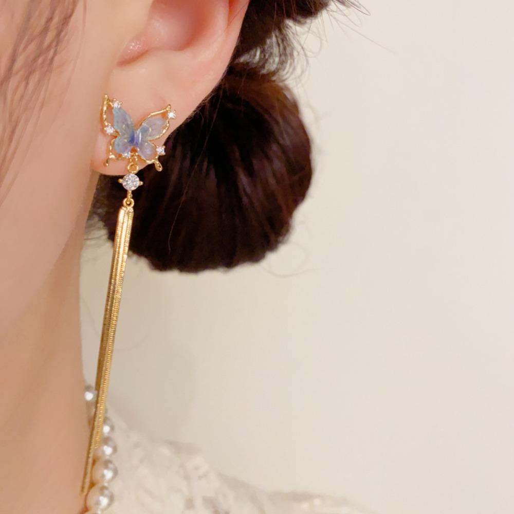 Dangle Butterfly Tassel Drop Earrings Shiny Zircon Stud Earrings Long Pendant Earrings  Daily Wear