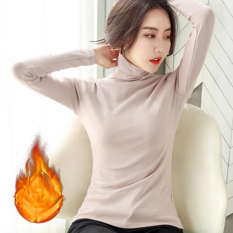 Winter Rollkragen Plus Samt Basic-Shirt für Damen Langarm Einfarbig Koreanische Version Damenbekleidung Warm Slim Fit Elegantes T-Shirt für Damen