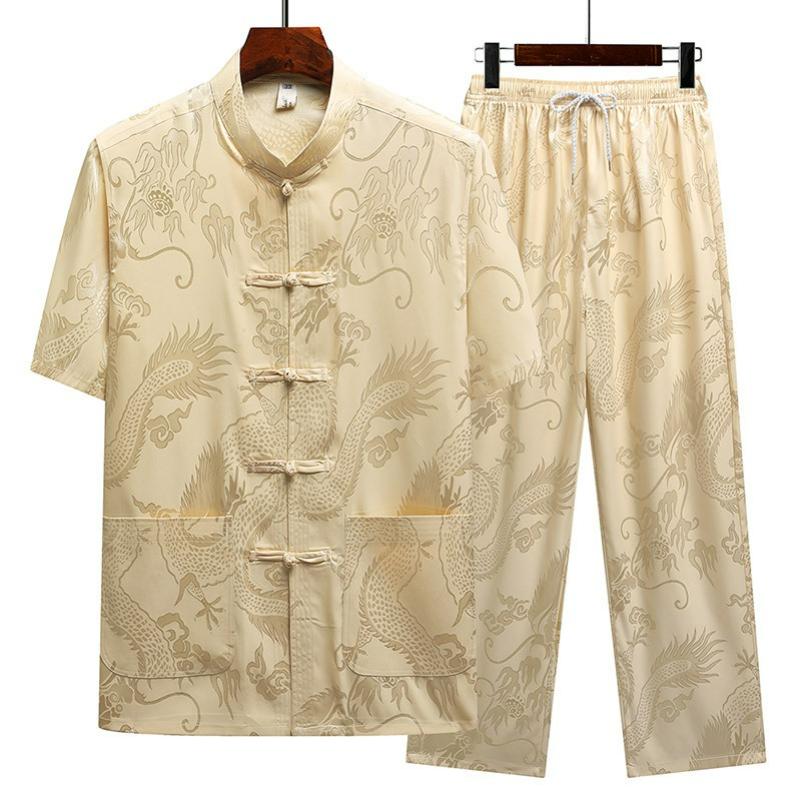 Completo Tang da Uomo Papà Anziano Manica Corta Estate Stile Cinese Dalong Jacquard Completo Tai Chi