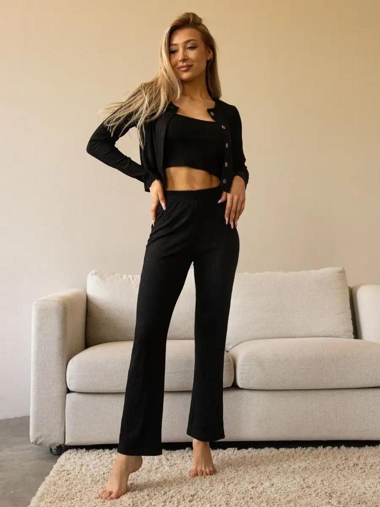 Ribbed Knit Women's Three-Piece Pajama Set with Long Pants & Sleeves