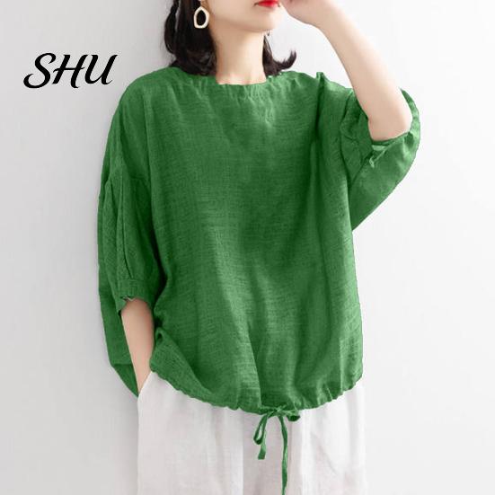 Summer Casual T-shirt Women O-Neck 3/4 Batwing Sleeve Pullover Blouse Tops Solid Color Loose Fit Streetwear Shirt