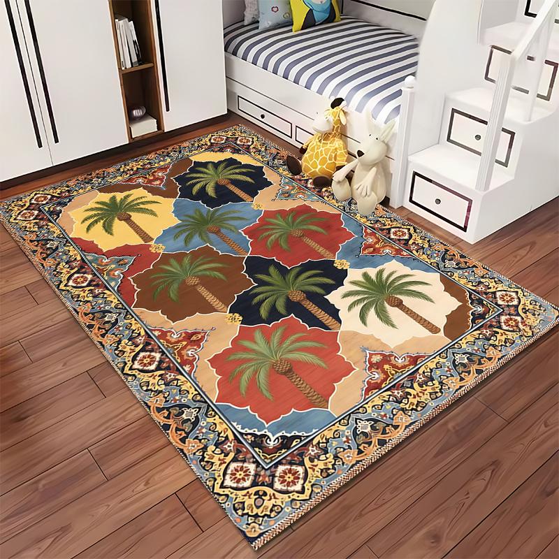 Tropical Palm Tree Pattern Area Rug with Vintage Border Design Suitable for use as an anti-slip for living room bedroom sofas