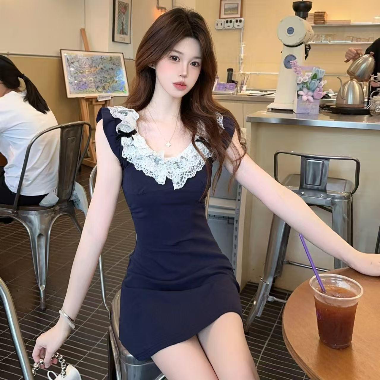 Women s French Lace Patchwork Summer Short Dress with Waist-cinching M