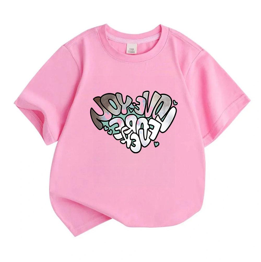 Kids Boys Girls 100% Cotton Crew Neck Short Sleeve T-Shirt, Trendy Graffiti I Love You Forever Print Casual Soft Tee for Daily Wear Summer Tops