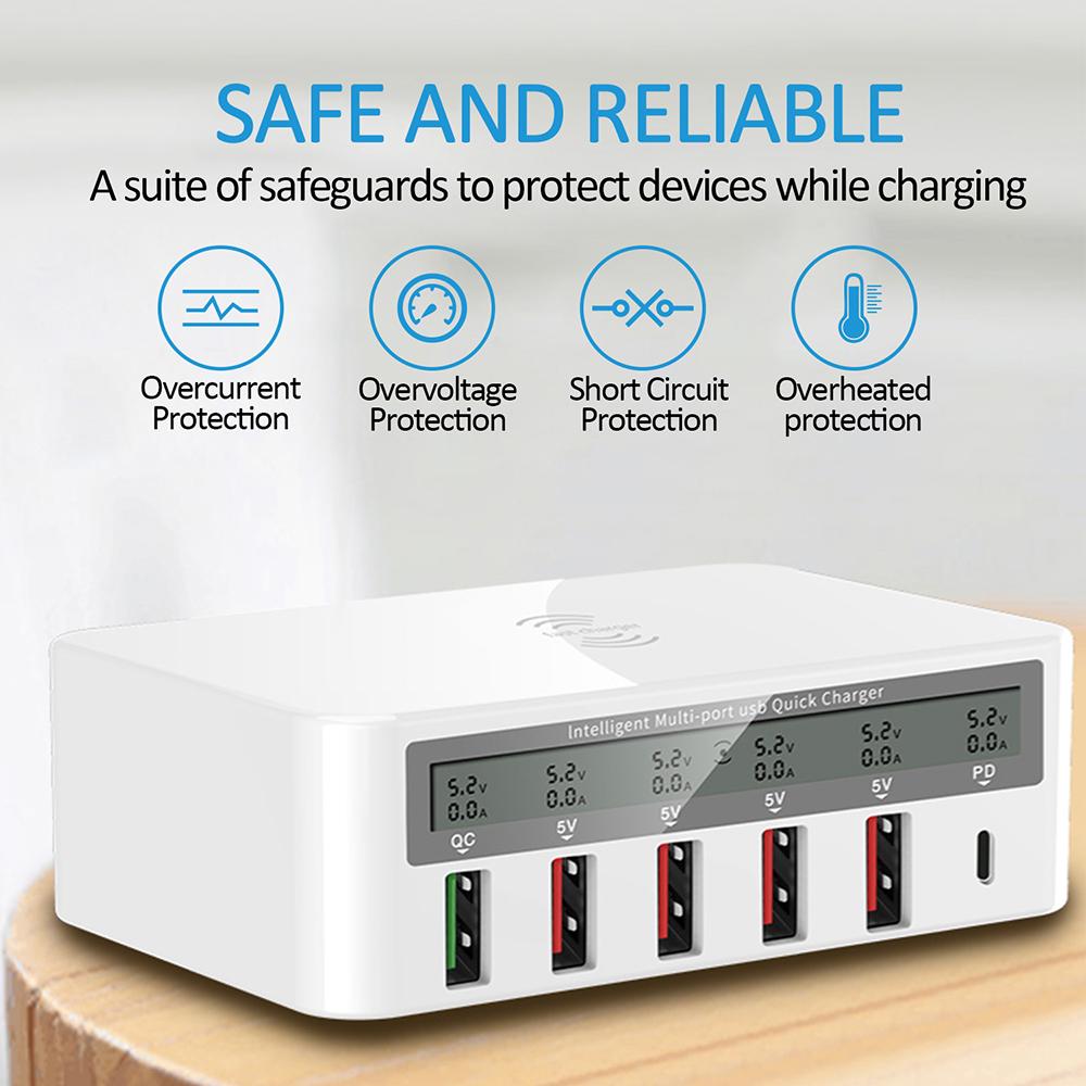 USB PD QC Charger Adapter Wireless Charger 6 Ports Fast Charging Station for IPhone 16/15/14 Pro Max IPad, Samsung Huawei