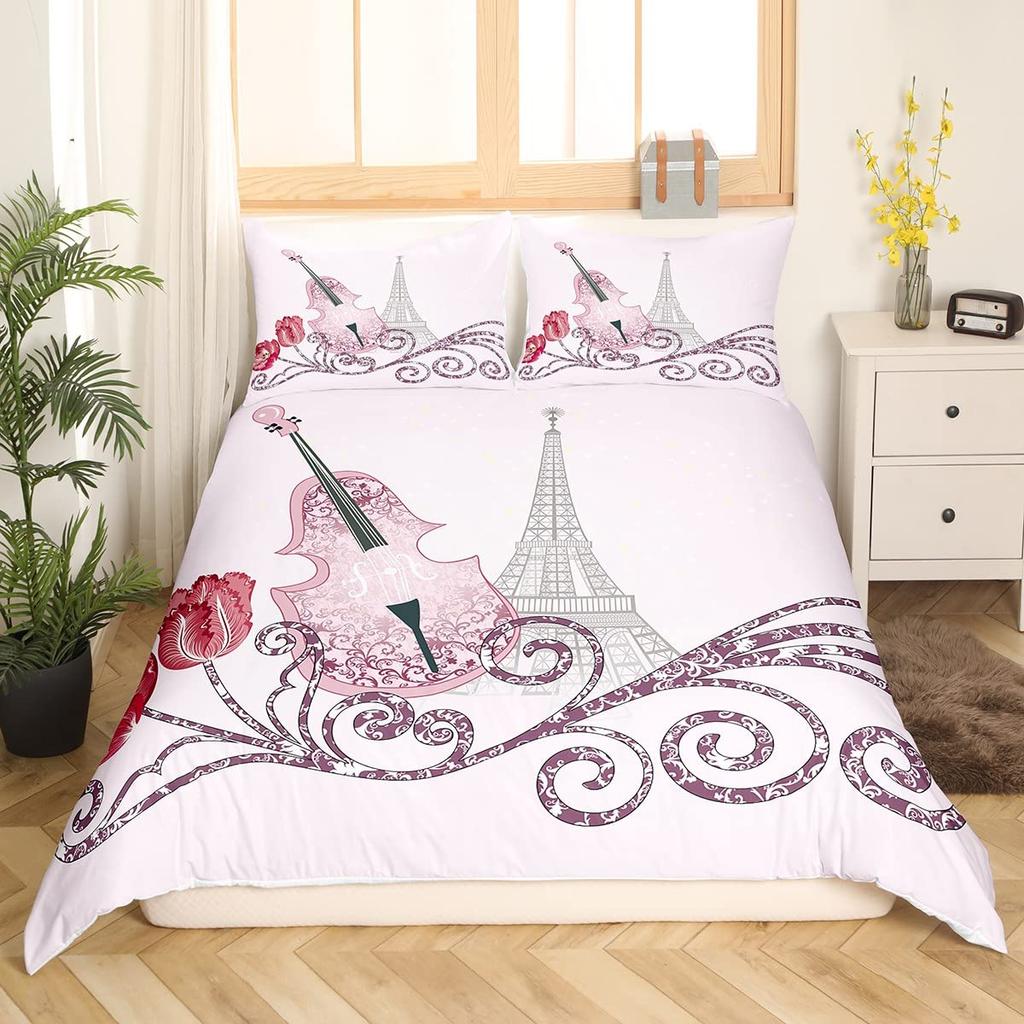 Violin King Queen Duvet Cover Flowers Roses Bedding Set Stringed Instruments Comforter Cover Fashion Music Polyester Quilt Cover