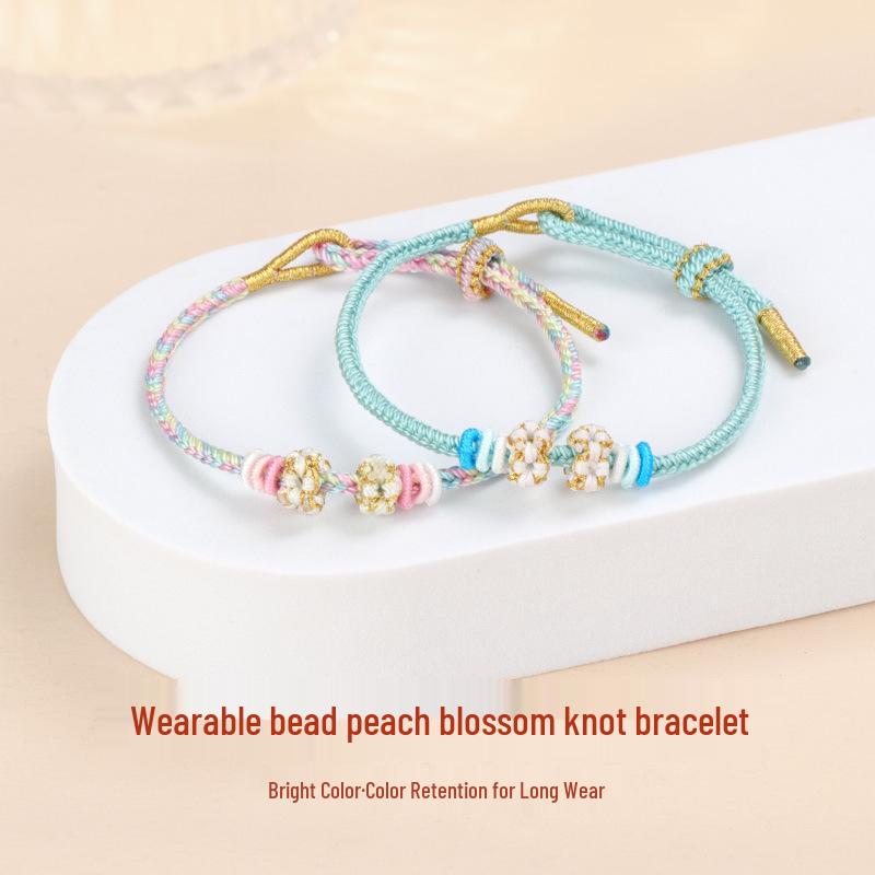 Handmade Peach Blossom Knot Bracelet with Beads: Semi-Finished Red Rope DIY Luck Charm for Couples
