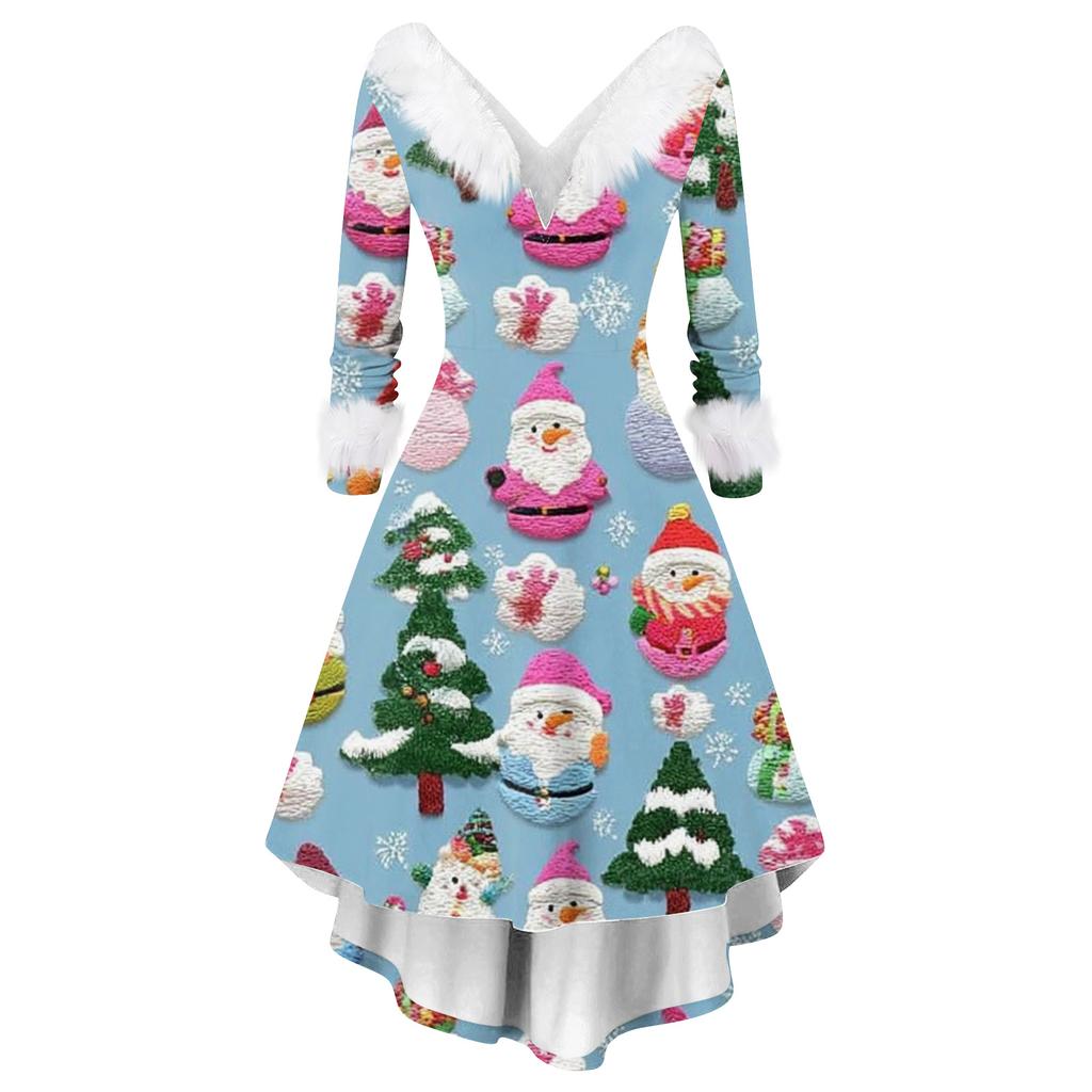 Women's Fashion Elegant Autun And Winter Long Sleeve V-Neck Christmas Print Dress
