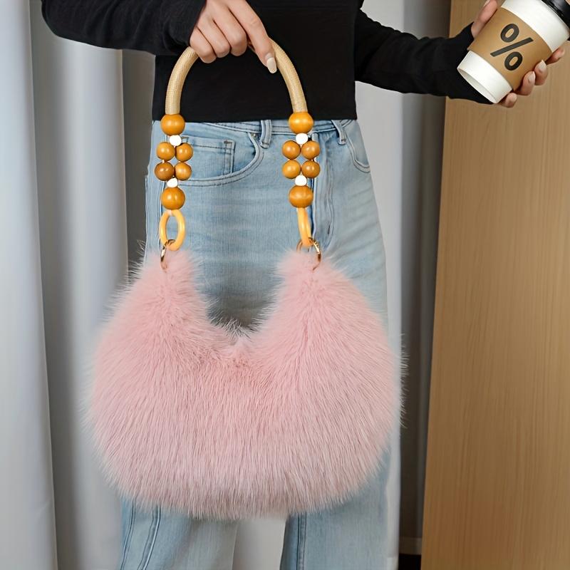 1pc Women's Faux Handbag - Plush Faux Tote & Crossbody Purse with Bead-Accented Strap, Golden-Tone Charm-Like Beads, Zipper Closure