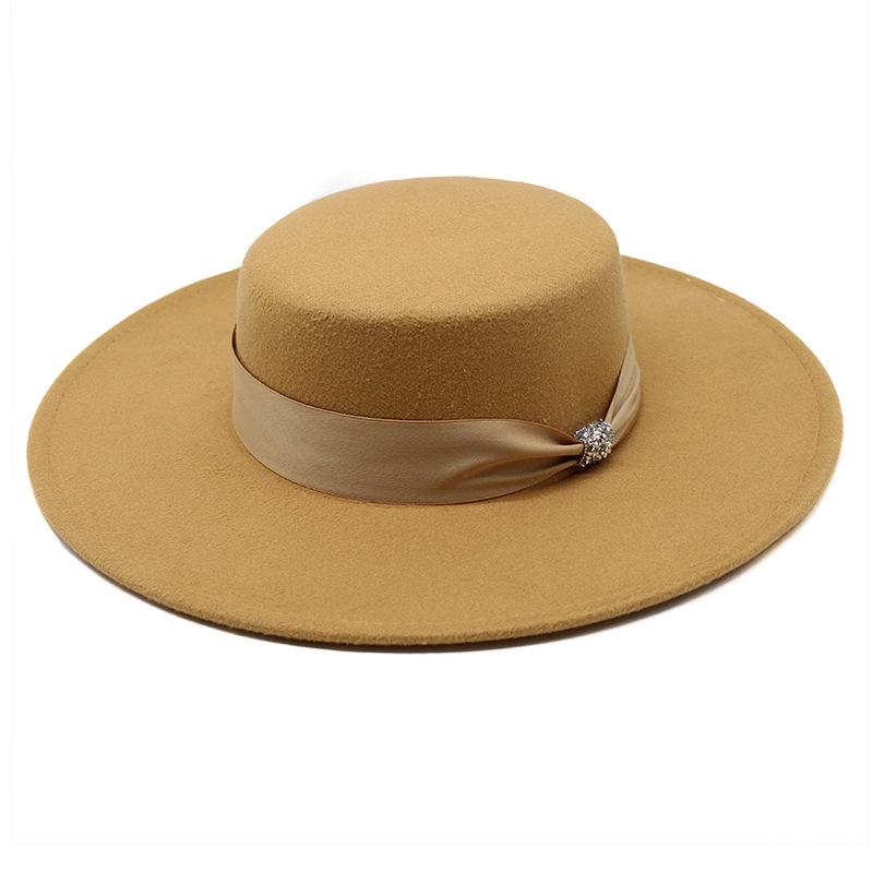 Flat Top Top Hat Female British Versatile Retro Beige Woolen Black White Felt Hat 10Cm