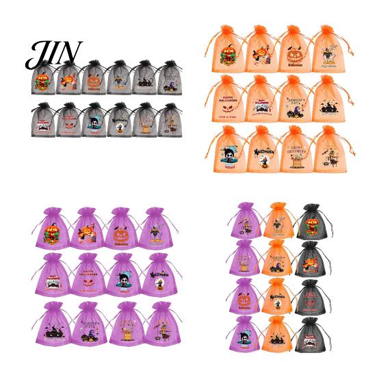 Halloween Candy Bag 12 Pcs Organza Bag, Drawstring Treat Pouch with Pumpkin Ghost Bat Party Favor Print, Sheer for Snacks, Trick or Gift Packaging