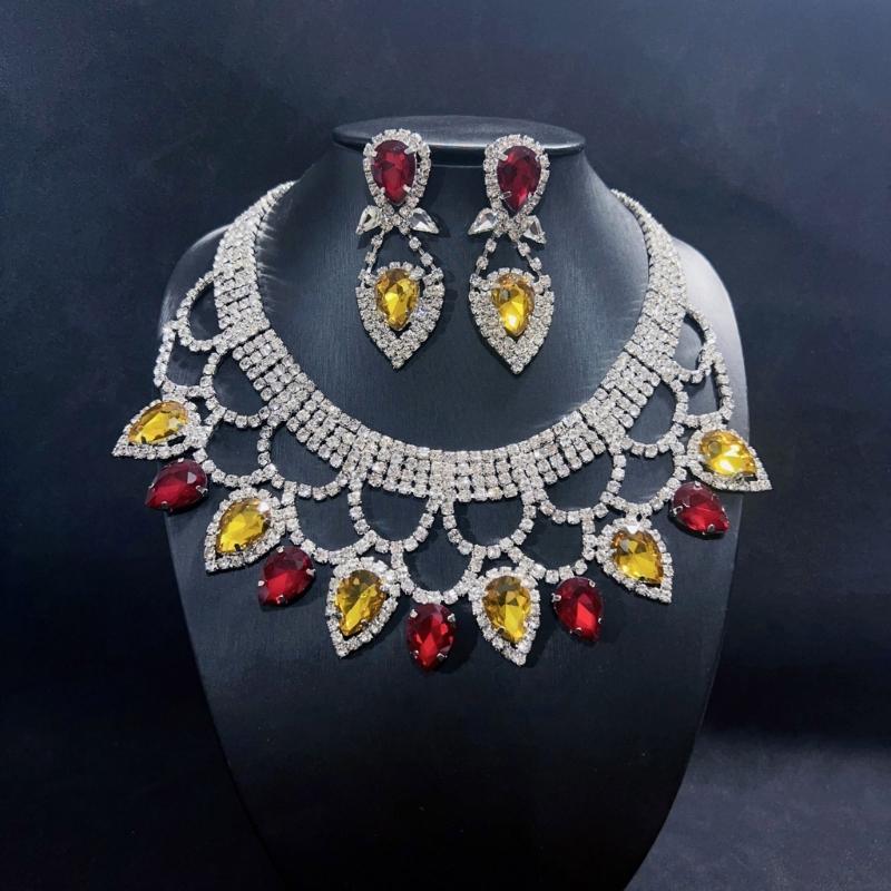 Exquisite Handmade Rhinestones Necklace and Earring Set Colorful Crystals Jewelry Set Suitable for Weddings and Parties