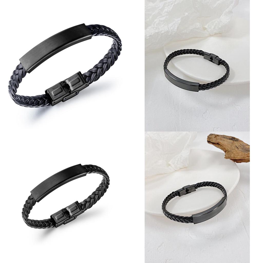 Fashionable Vintage Black Stainless Steel Bracelet Wholesale Woven Leather Cuff