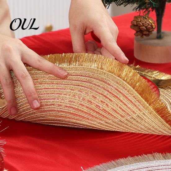 Festive Red Gold Silver Placemat Christmas Round Table Mat with Tassel, Heat Resistant PP Placemat, Non Slip Kitchen Pad Waterproof Decorative