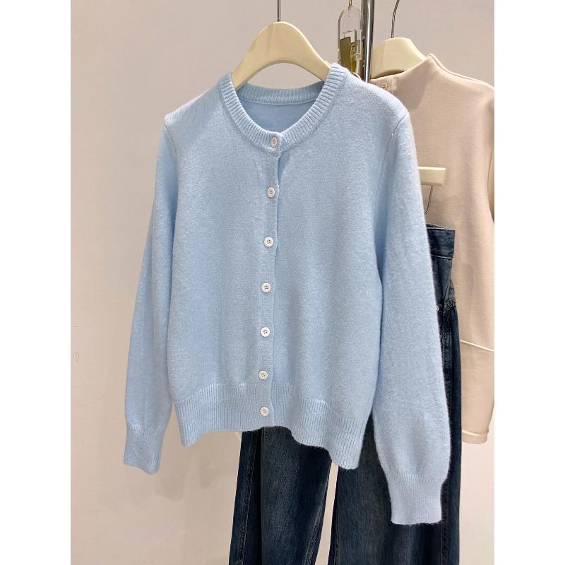 Tender yellow white single-breasted cardigan women's autumn and winter soft waxy long-sleeved top jacket round neck lazy wind knitted sweater