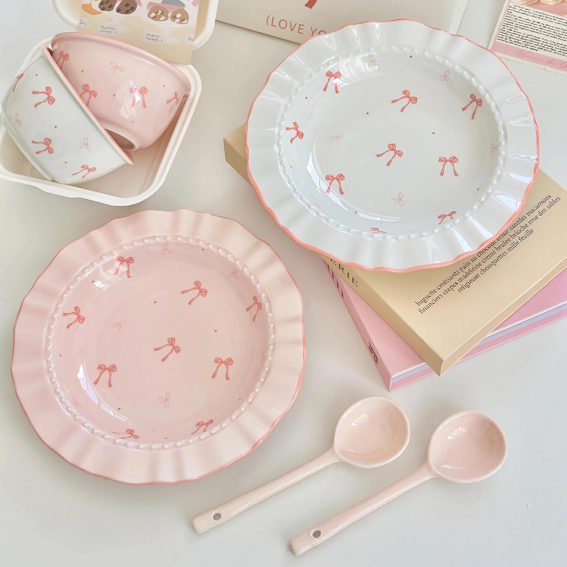 

6Pcs Bow Ceramic Set, Cute Food Bowl and Plate Combination Rice Bowl, Household Plate and Spoon, Suitable for Daily Use