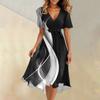 Women's Summer Fashion V-Neck Flared Dress Short Sleeve Striped Geometric Dresses