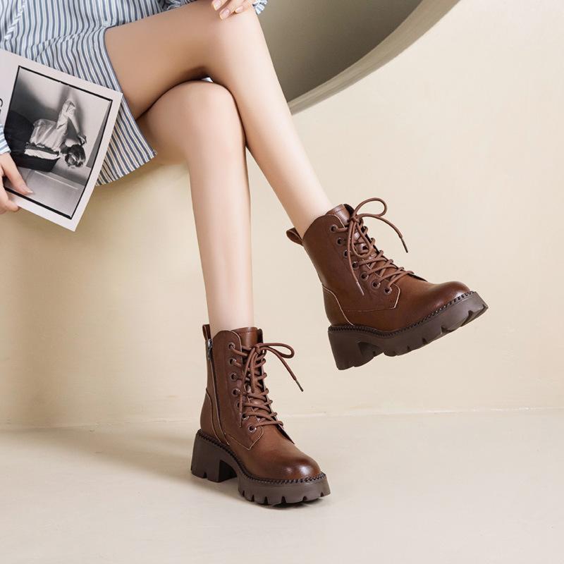 Women New Fashion Short Boots Women Cowhide Retro British Style Ankle Boots Casual Zipper High Heels Thick Soled Women Shoes
