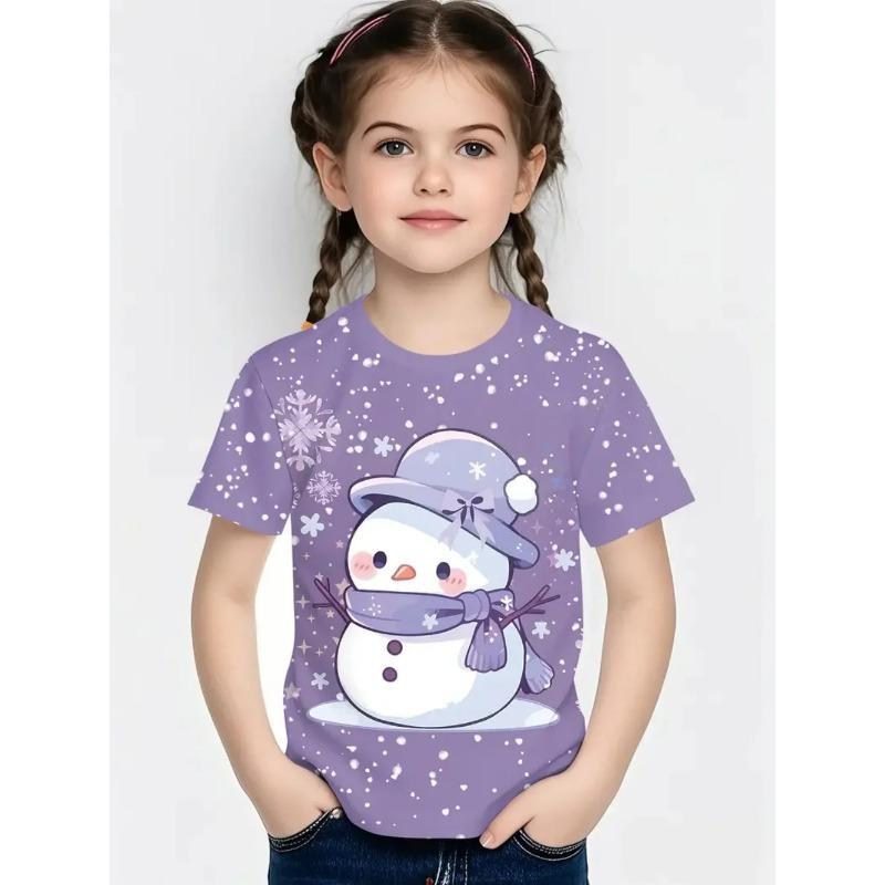 Round Neck 3D Christmas Theme Printed Short Sleeved Children's Girl T-shirts - Soft Medium Stretch Polyester Fabric Summer Relaxed Fit Clothing