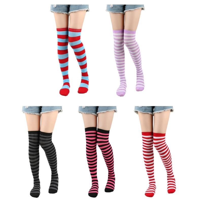 Regenbogen Oberschenkelhohe Socken Bunte Streifen Über das Knie Socken Strumpfwaren Halloween Cosplay Kostüm Zubehör Damen Herren Kind