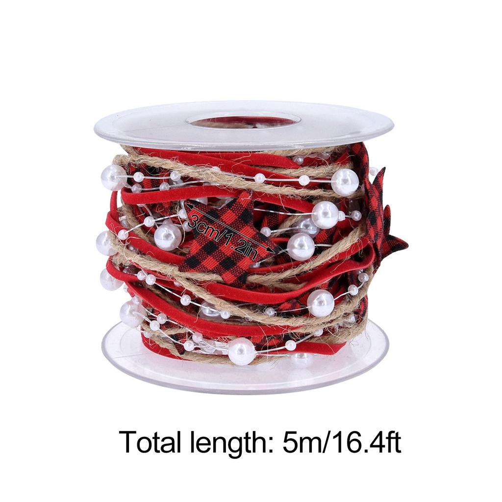 Xmas Star Ribbon 16.4FT Polyester Plaid Xmas Decorative Ribbon with Star Beaded Design for DIY Handmade Wedding Party