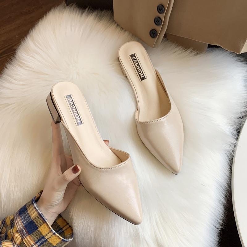 Fashion Women's Mid-heel Baotou Sandals Spring New Pointed Head Shallow Mouth Soft Sole Anti-slip Wear-resistant Slippers
