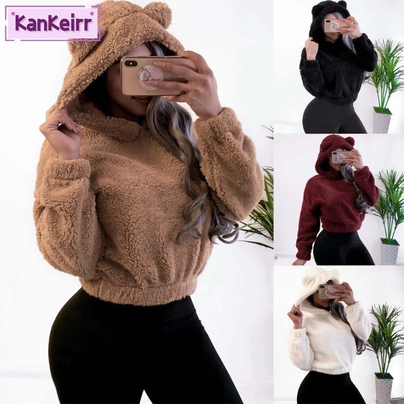 Kankeirr Women's Bear Ear Fuzzy Cropped Hoodie Fashion Casual Solid Color Print Autumn Winter Hoodie