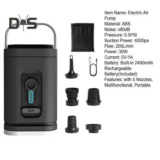 Mini Cordless Air Pump with 5 Nozzles Camping Light 2400mAh USB Rechargeable Inflatable Swimming Ring Float Air Mattress Bed Portable Electric