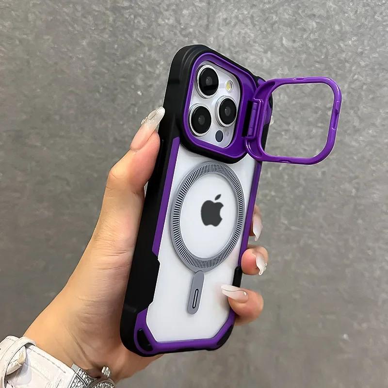 Armor Fold Lens Stand Protection Magsafe Case For iPhone 16 13 12 14 15 Pro Max Plus Magnetic Wireless Charging Shockproof Cover