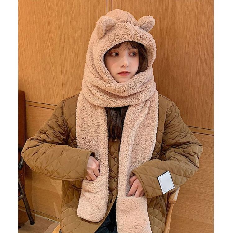 3 In 1 Girl Scarf Bear Hat Furry Caps Scarf with Gloves Set Winter Warm Headgear for Casual Outdoor Wear