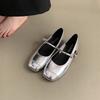 Square Head Light Mouth Versatile Flat Silver Mary Jane Single Shoes Women's 2025 New Summer French with Skirt Small Leather Shoes