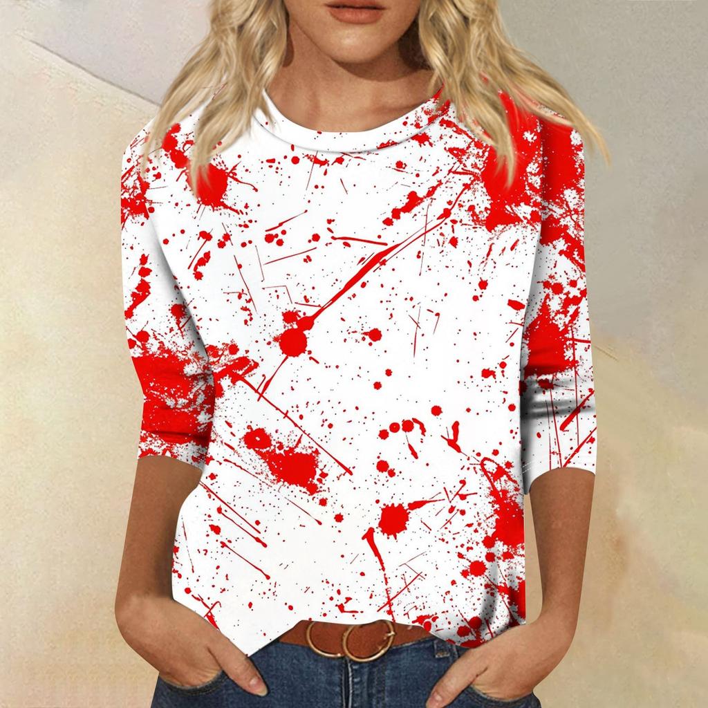 Dámské módní ležérní top s tříčtvrtečním rukávem a halloweenským potiskem, kulatý výstřih