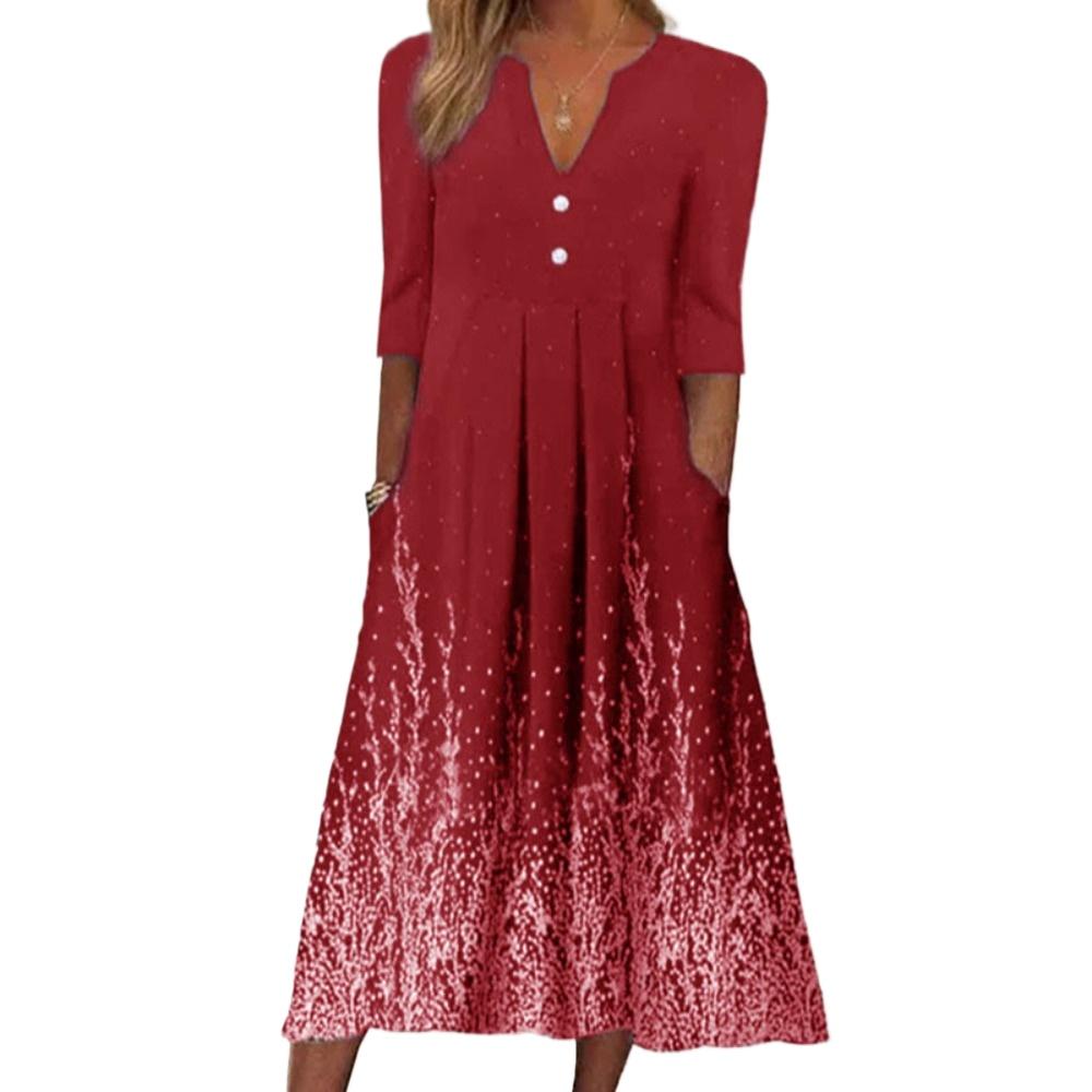 HNXC Damenmode Sommer Frühling Blumendruck 1/2 Ärmel V-Ausschnitt Freizeitkleider