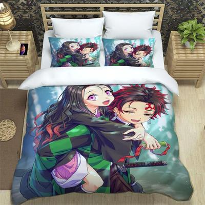 Japanischer Manga Demon Slayer Personalisierte Anpassung Bettwäscheset Weicher Bettbezug Kissenbezug Comic Teenager Laken-Set