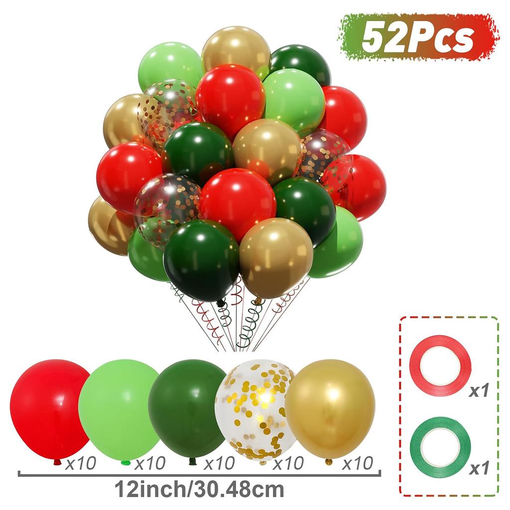 50pcs 12 inch red, green, white, metal, gold, confetti latex balloon kit for Christmas and birthday party decoration